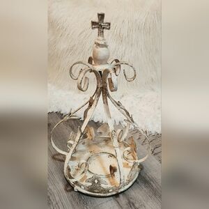 Cream distressed iron candle holder with cross